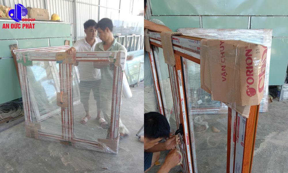 Cửa nhôm Xingfa được bao bọc cẩn thận khi vận chuyển